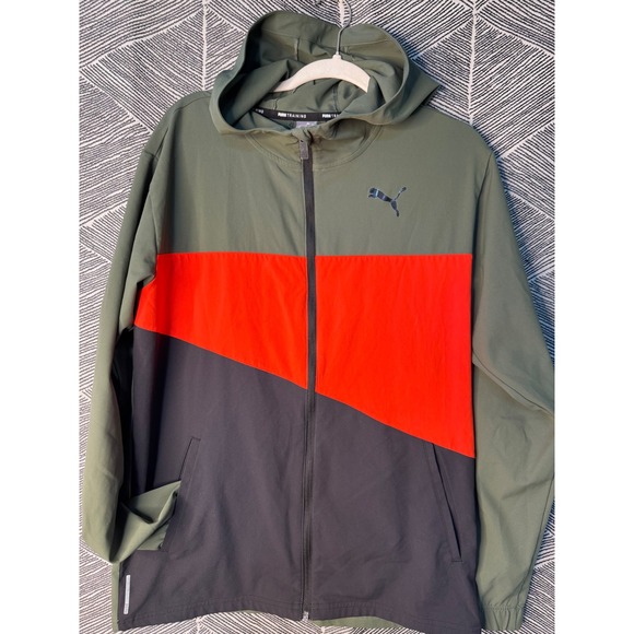 Puma Training Raincell Jacket Full Zip Hoodie Olive Green Red Black Mens Medium - Picture 1 of 8